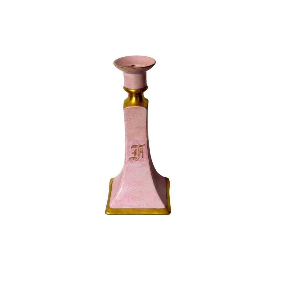B & Co Limoges Candlestick Holder Pink Antique 1918 Gold Gilt France